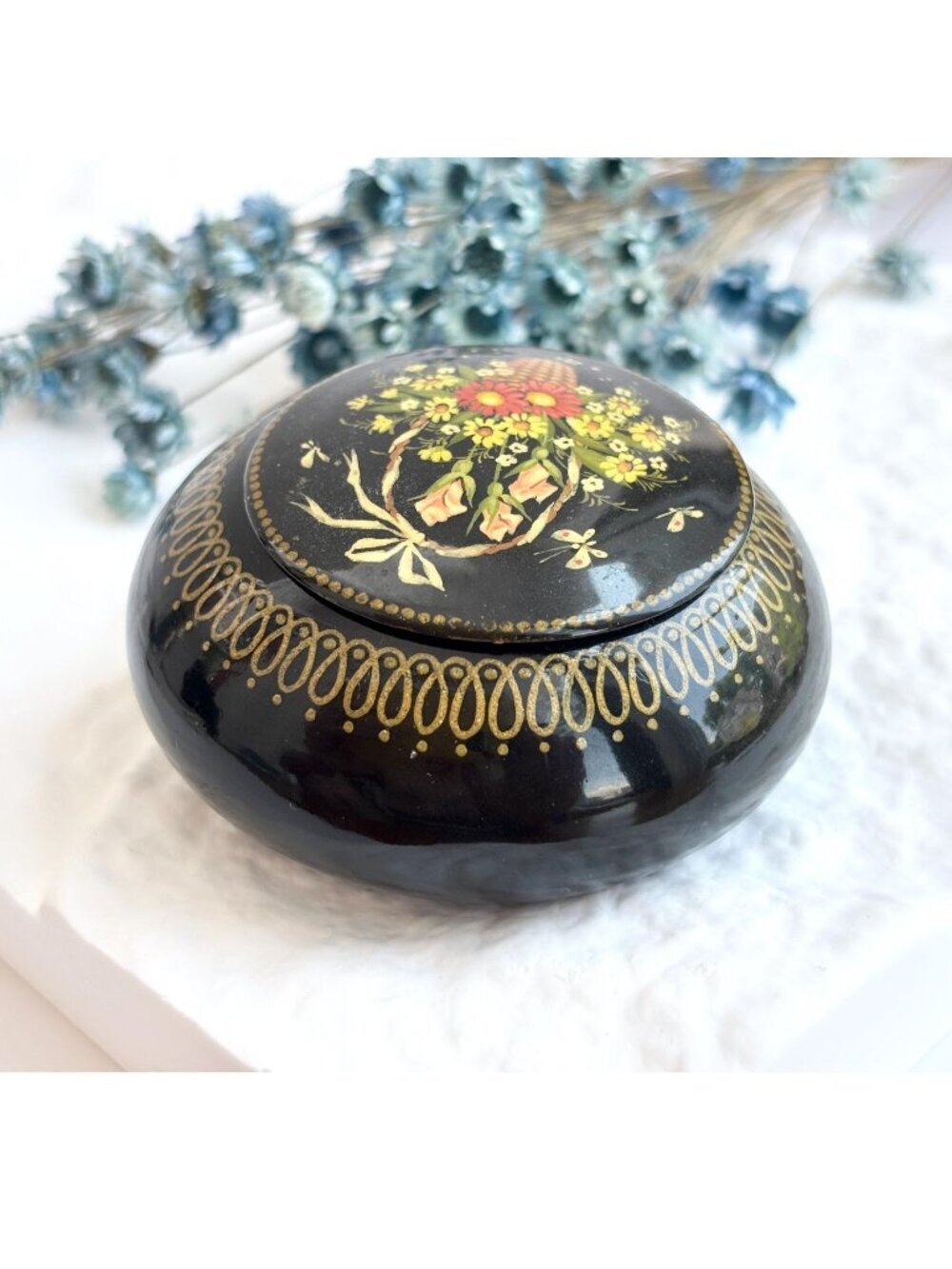 Russian Lacquer Handmade Wooden Floral Vintage Trinket Box | Jewelry Box